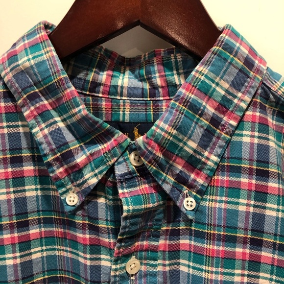Ralph Lauren Men's XL Button Down Turquoise Multicolor Plaid Shirt Broadcloth LS - Picture 4 of 6